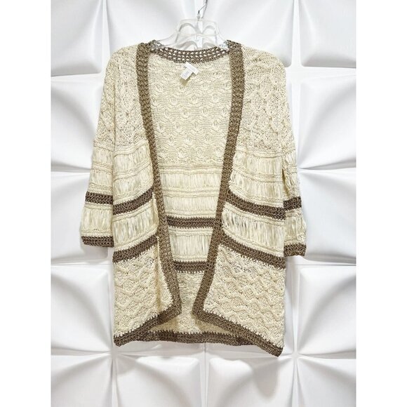 Chico's 0 Sz S Ivory Metallic Bronze Open Woven Stretch Crochet Cardigan Sweater - Picture 4 of 8